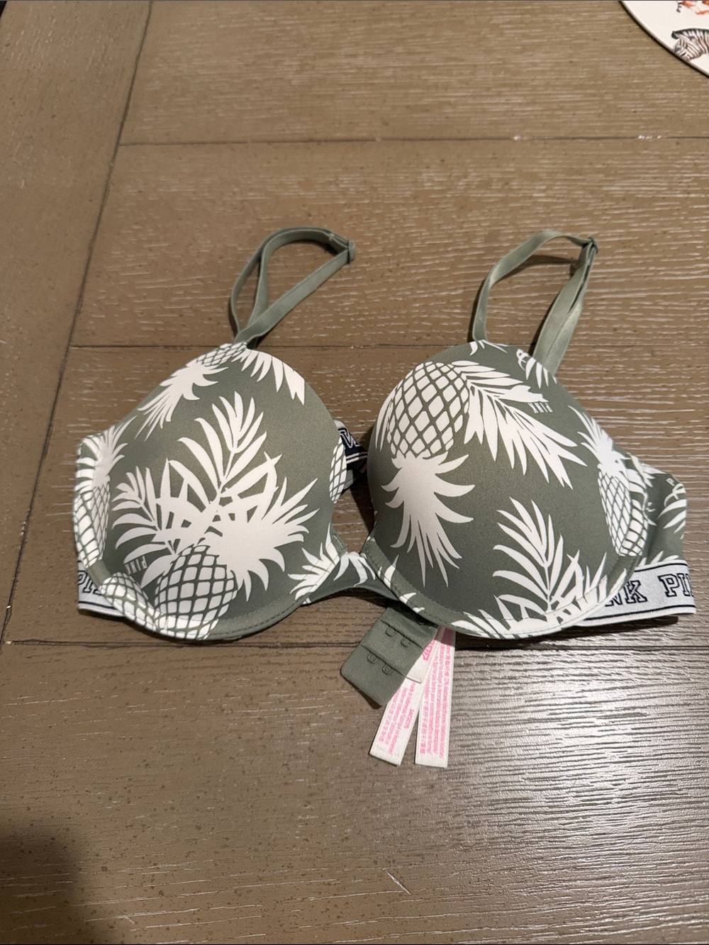 PINK Victoria's Secret Olive Green & White Pineapple Print Bra -34C